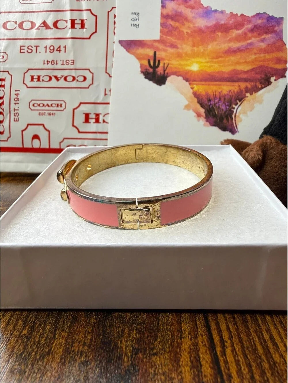 Coach Enamel Hinge Buckle Bangle Bracelet Pink Gold Tone NWT